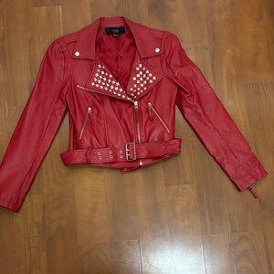 Guess Red Leather Jacket with Checkered Accents
